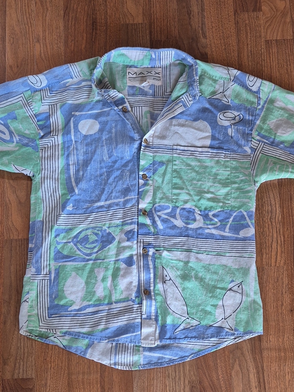 MAXX Short Sleeve Button-Up Shirt in Blue & Green Print